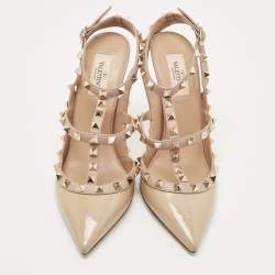 Pre Owned Valentino Beige Leather Rockstud Ankle Strap Pumps Size 40