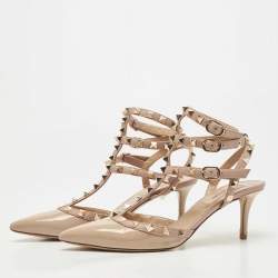 Pre Owned Valentino Two Tone Patent and Leather Rockstud Ankle Strap Pumps Size 37.5