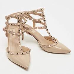 Pre Owned Valentino Two Tone Patent and Leather Rockstud Ankle Strap Pumps Size 37.5