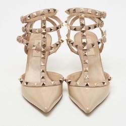 Pre Owned Valentino Two Tone Patent and Leather Rockstud Ankle Strap Pumps Size 37.5