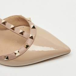 Pre Owned Valentino Two Tone Patent and Leather Rockstud Ankle Strap Pumps Size 37.5