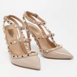 Pre Owned Valentino Beige Patent Leather Rockstud Slingback Pumps Size 37.5