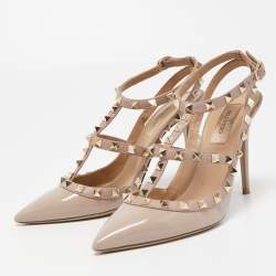 Pre Owned Valentino Beige Patent Leather Rockstud Slingback Pumps Size 37.5