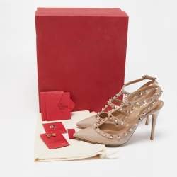 Pre Owned Valentino Beige Patent Leather Rockstud Slingback Pumps Size 37.5