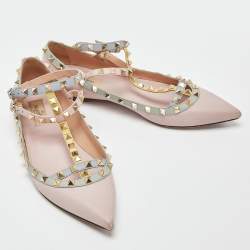 Pre Owned Valentino Multicolor Leather Rockstud Ankle-Strap Ballet Flats Size 39