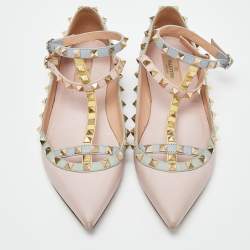 Pre Owned Valentino Multicolor Leather Rockstud Ankle-Strap Ballet Flats Size 39