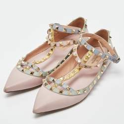 Pre Owned Valentino Multicolor Leather Rockstud Ankle-Strap Ballet Flats Size 39