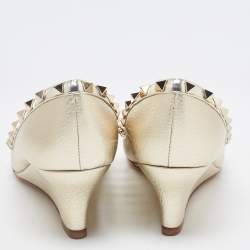 Pre Owned Valentino Metallic Gold Leather Rockstud  Wedge Pumps Size 37