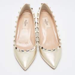 Pre Owned Valentino Metallic Gold Leather Rockstud  Wedge Pumps Size 37