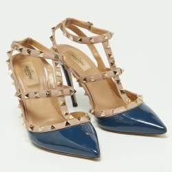 Pre Owned Valentino Blue/Pink Patent and Leather Caged Rockstud  Ankle Strap Pumps Size 39.5
