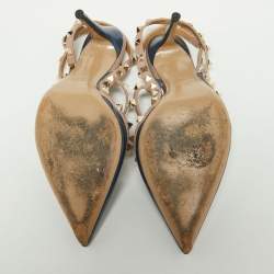 Pre Owned Valentino Blue/Pink Patent and Leather Caged Rockstud  Ankle Strap Pumps Size 39.5