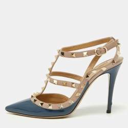 Pre Owned Valentino Blue/Pink Patent and Leather Caged Rockstud  Ankle Strap Pumps Size 39.5