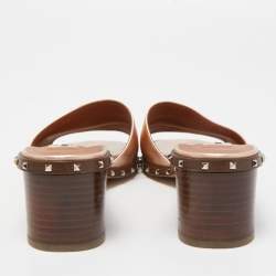 Pre Owned Valentino Rose Gold Leather Soul Rockstud Slide Sandals Size 39