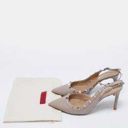 Pre Owned Valentino Beige Leather Rockstud  Slingback Pumps Size 37 