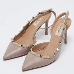 Pre Owned Valentino Beige Leather Rockstud  Slingback Pumps Size 37 