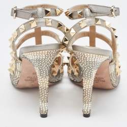 Pre Owned Valentino Multicolor Leather Crystal Embellished Rockstud  Ankle Strap Pumps Size 36