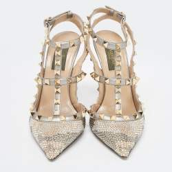 Pre Owned Valentino Multicolor Leather Crystal Embellished Rockstud  Ankle Strap Pumps Size 36