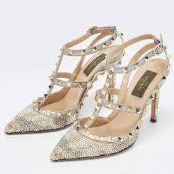Pre Owned Valentino Multicolor Leather Crystal Embellished Rockstud  Ankle Strap Pumps Size 36