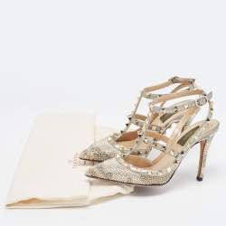 Pre Owned Valentino Multicolor Leather Crystal Embellished Rockstud  Ankle Strap Pumps Size 36