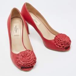 Pre Owned Valentino Red Leather Floral Peep Toe Pumps Size 37
