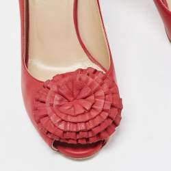Pre Owned Valentino Red Leather Floral Peep Toe Pumps Size 37