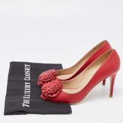 Pre Owned Valentino Red Leather Floral Peep Toe Pumps Size 37
