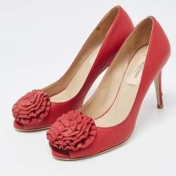 Pre Owned Valentino Red Leather Floral Peep Toe Pumps Size 37