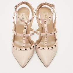 Pre Owned Valentino Pink Leather Rockstud  Slingback Pumps Size 39