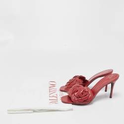 Pre Owned Valentino Dark Red Leather Rose Atelier Slide Sandals Size 39.5