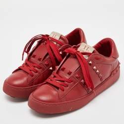 Pre Owned Valentino Red Leather Rockstud Untitled Sneakers Size 37
