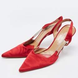 Pre Owned Valentino Red Satin Pointed Toe Slingback Pumps Size 39 