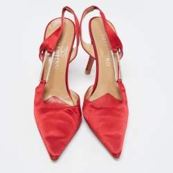 Pre Owned Valentino Red Satin Pointed Toe Slingback Pumps Size 39 