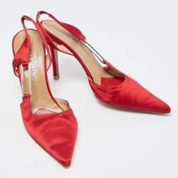 Pre Owned Valentino Red Satin Pointed Toe Slingback Pumps Size 39 