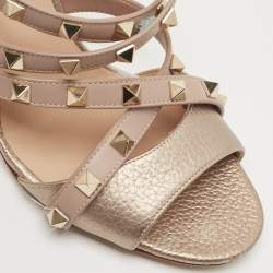 Pre Owned Valentino Metallic Bronze/Beige Leather Rockstud Ankle Strap Sandals Size 37