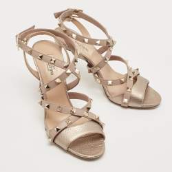 Pre Owned Valentino Metallic Bronze/Beige Leather Rockstud Ankle Strap Sandals Size 37
