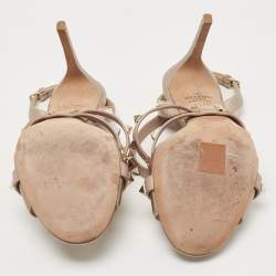 Pre Owned Valentino Metallic Bronze/Beige Leather Rockstud Ankle Strap Sandals Size 37