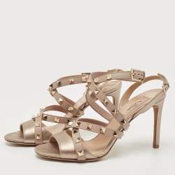 Pre Owned Valentino Metallic Bronze/Beige Leather Rockstud Ankle Strap Sandals Size 37