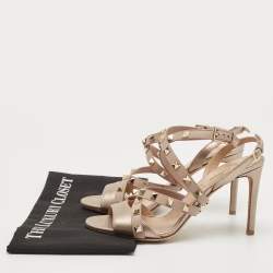 Pre Owned Valentino Metallic Bronze/Beige Leather Rockstud Ankle Strap Sandals Size 37