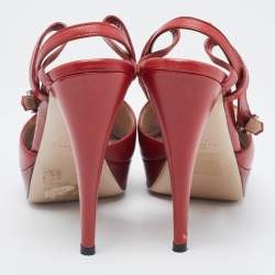 Pre Owned Valentino Red Leather Slingback Peep Toe Sandals Size 37.5