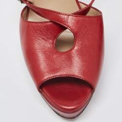 Pre Owned Valentino Red Leather Slingback Peep Toe Sandals Size 37.5