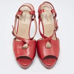 Pre Owned Valentino Red Leather Slingback Peep Toe Sandals Size 37.5
