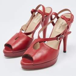Pre Owned Valentino Red Leather Slingback Peep Toe Sandals Size 37.5
