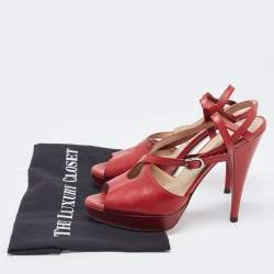 Pre Owned Valentino Red Leather Slingback Peep Toe Sandals Size 37.5