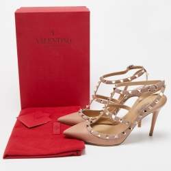 Pre Owned Valentino Beige Leather Rockstud Buckle Strap Pumps Size 40