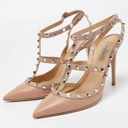 Pre Owned Valentino Beige Leather Rockstud Buckle Strap Pumps Size 40