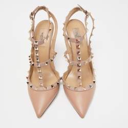 Pre Owned Valentino Beige Leather Rockstud Buckle Strap Pumps Size 40