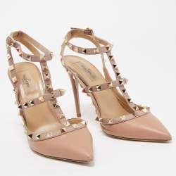 Pre Owned Valentino Beige Leather Rockstud Buckle Strap Pumps Size 40