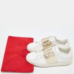 Pre Owned Valentino White/Gold Leather Rockstud Low Top Open Sneakers Size 39.5