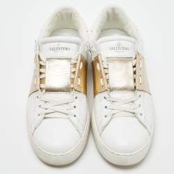 Pre Owned Valentino White/Gold Leather Rockstud Low Top Open Sneakers Size 39.5