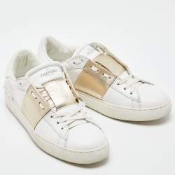 Pre Owned Valentino White/Gold Leather Rockstud Low Top Open Sneakers Size 39.5